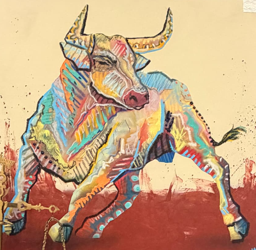 A colorful painting of a longhorn bull, the firm's signature artwork